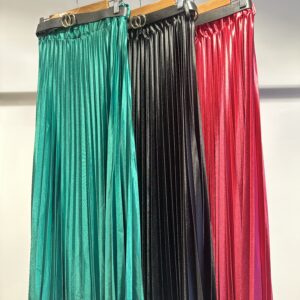 Satin long pleated skirt with a belt