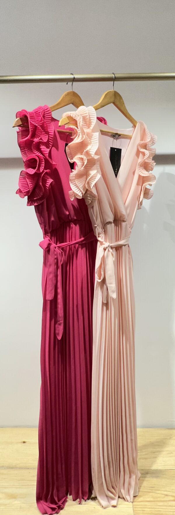 Long Pleated Dress with Ruffled Sleeves