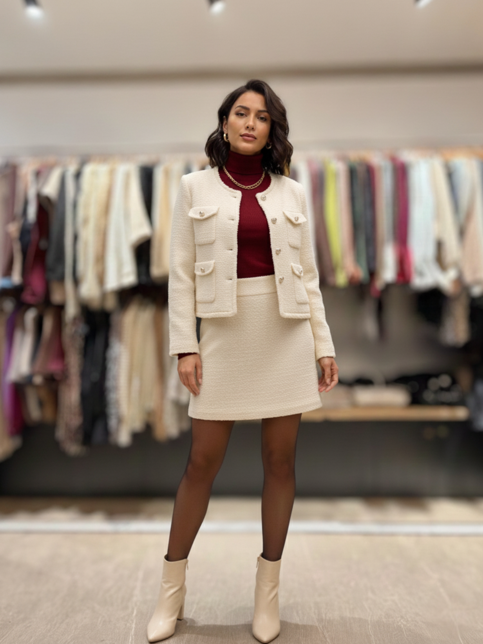 White Wool Finish Short Jacket With Buttons