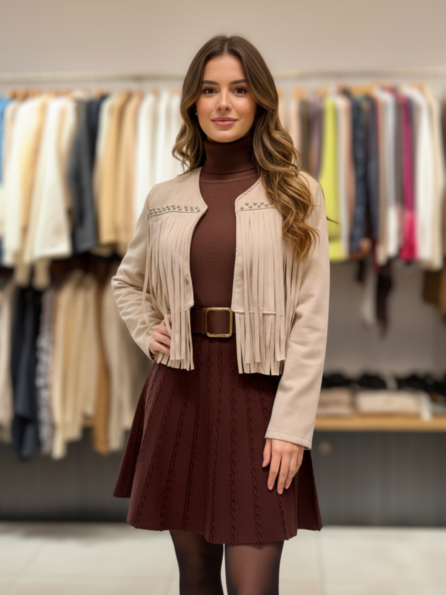 Short Faux Suede Tasseled Jackets With Stud Detail