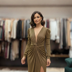 Full Sleeve Front Deep Neck Metallic Dress